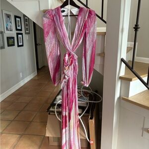 Pat Bo, metallic Pink and White Tie-Front Maxi Dress.